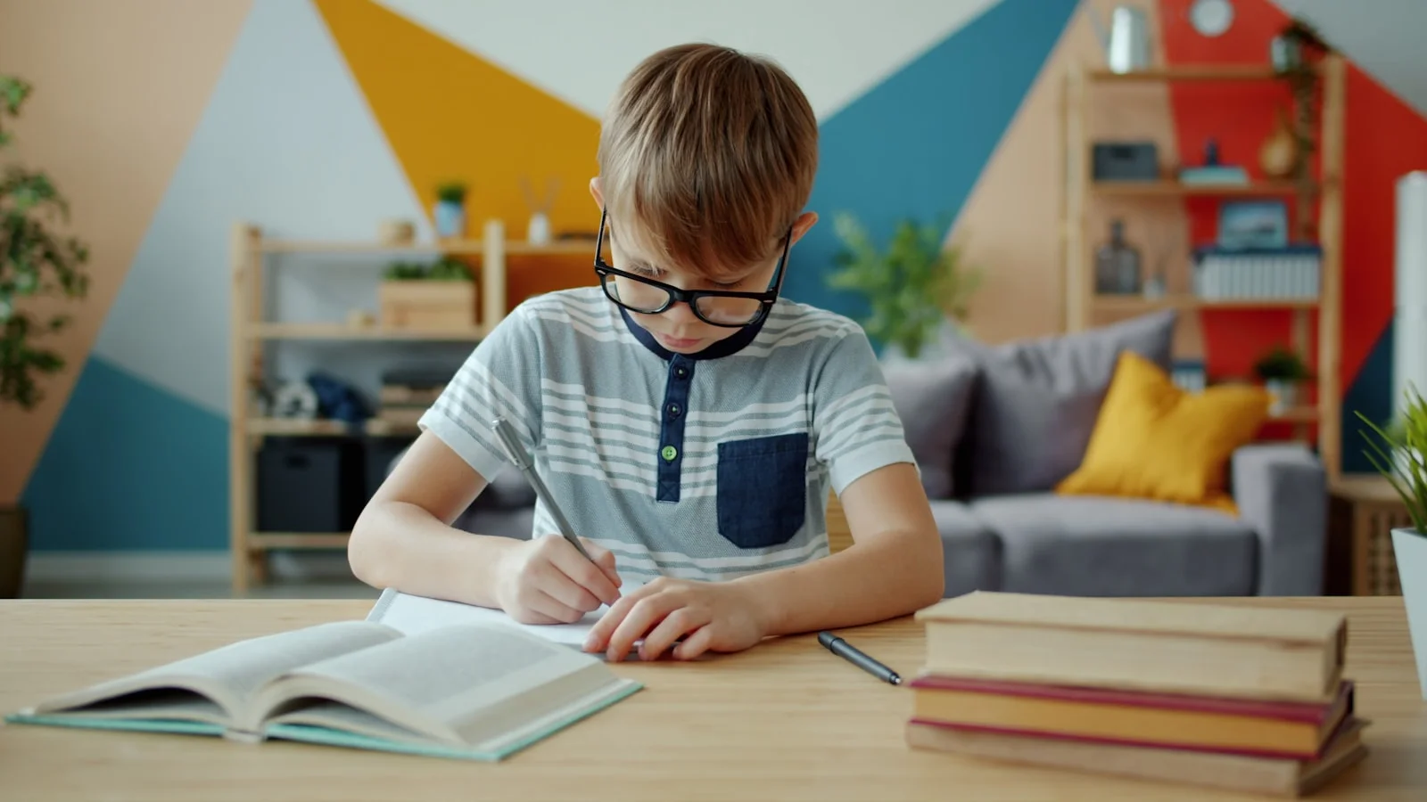 A child's workbook open at a desk, mid-exercise, pen in hand.